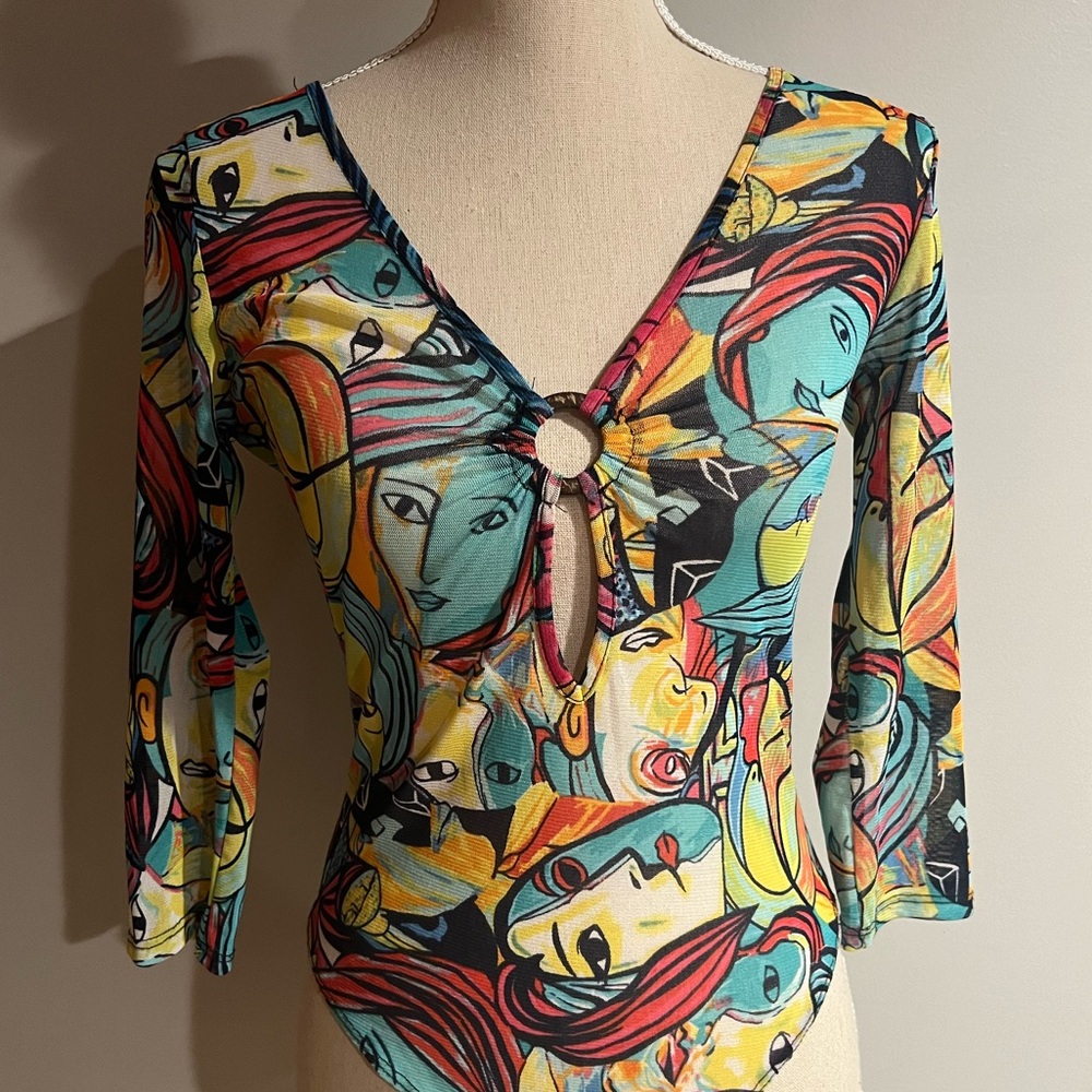 EUC sheer Picasso bodysuit • multicolor